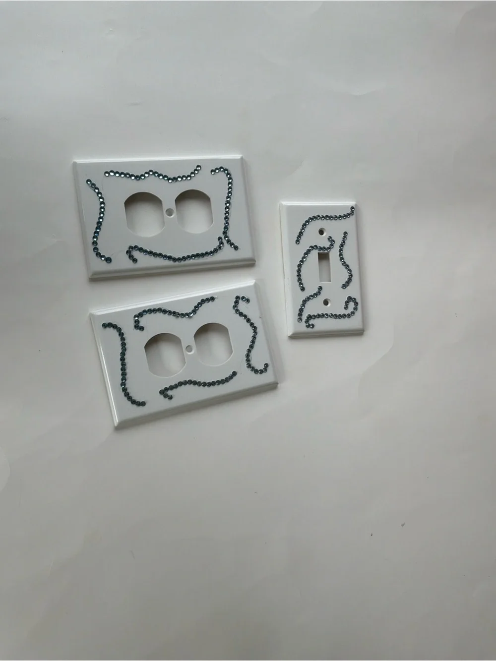 Hand Crafted White Wall Plate Covers with Black Rhinestone Accents